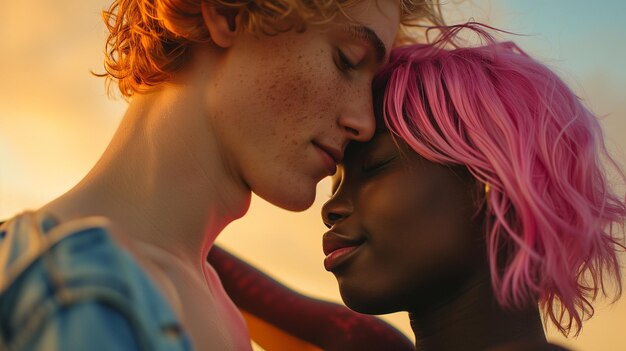 Dynamic Love Story MixedRace Couple with Colored Hair in a CloseUp Moment