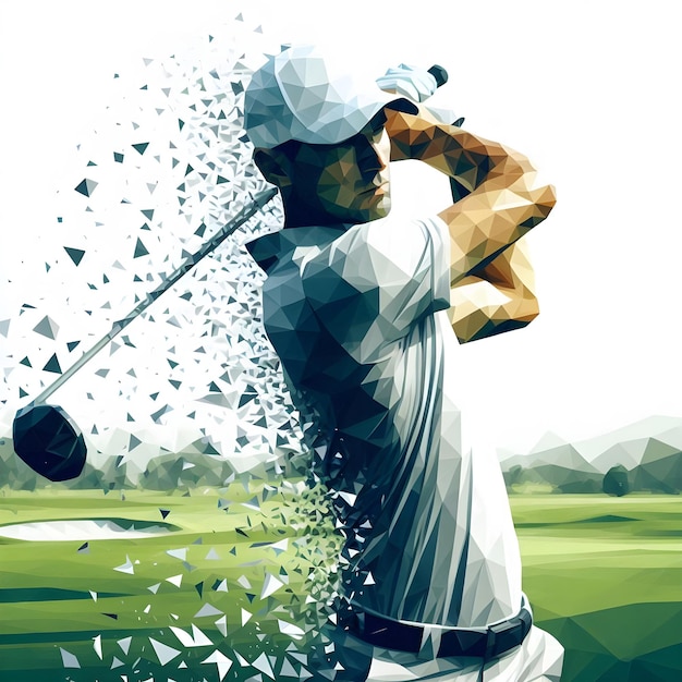 Dynamic Low Poly Golf Player with Shatter Effect on White Background