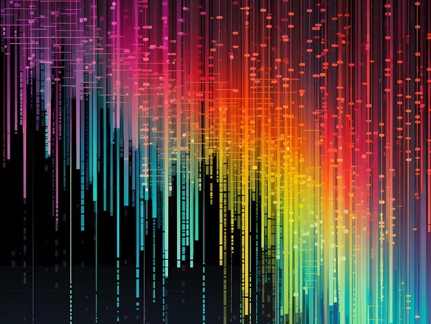 Photo dynamic matrixstyle falling lines of hex code in a rainbow spectrum