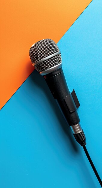 Dynamic microphone with a vibrant twotone orange and blue background ideal for music podcasts and audio themes