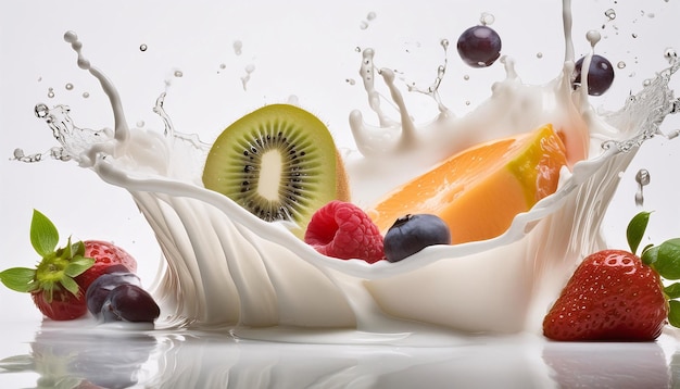 Dynamic milk splash bibs with fresh fruit juice flying in the air all set against a clean white