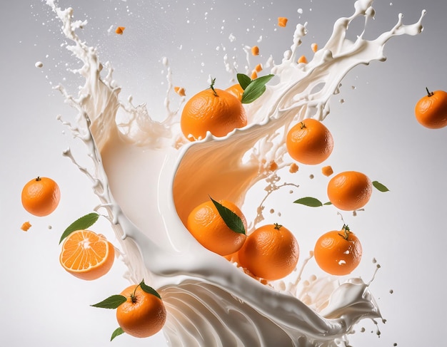 Dynamic milk splashes with fresh orange fruit pieces flying through the air all set against a clean