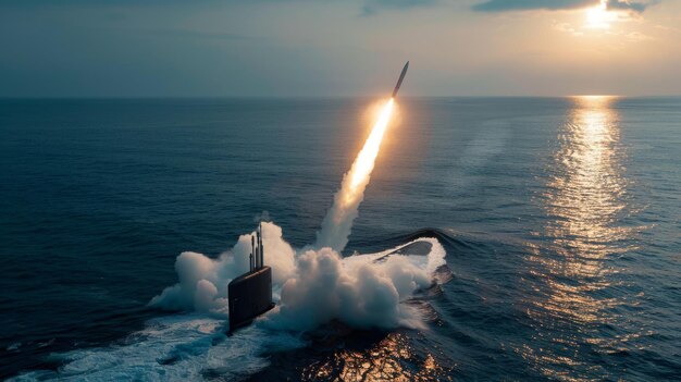 Photo a dynamic missile launched from a submarine against the sunset backdrop creating a dramatic scene on the ocean surface