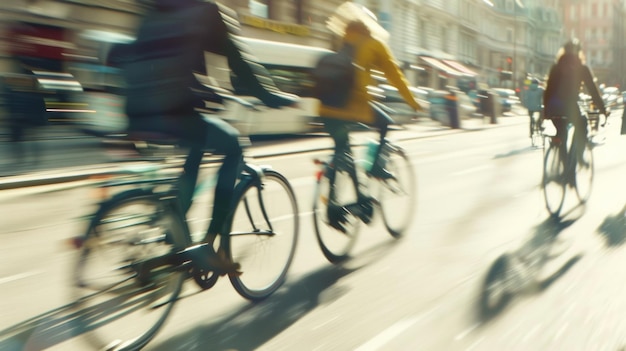 Dynamic motion blur of cyclists speeding through a sunny urban street