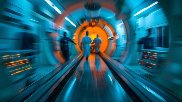 Dynamic motion blur of medical professionals walking through a futuristic tunnel in a modern medical