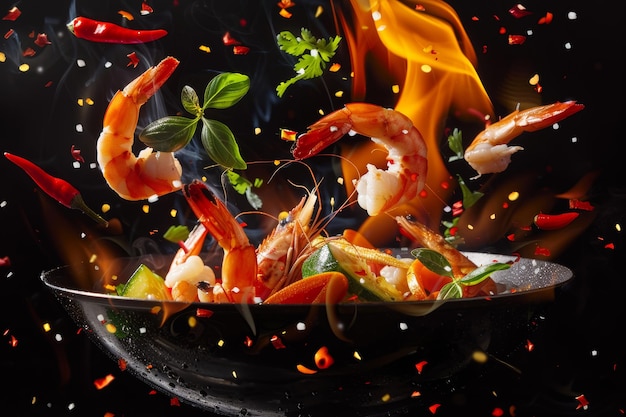 Dynamic Motion of Shrimp and Vegetables Flying from a Flaming Wok