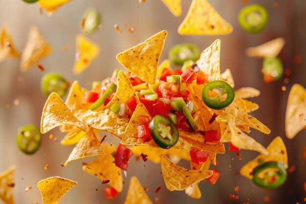 Photo dynamic nachos explosion with jalapenos salsa and flying ingredients for a vibrant and flavorful