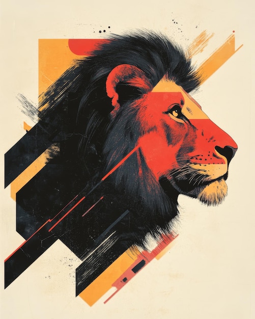 Photo dynamic neo brutalism lion poster featuring fragmented geometric shapes and bold colors