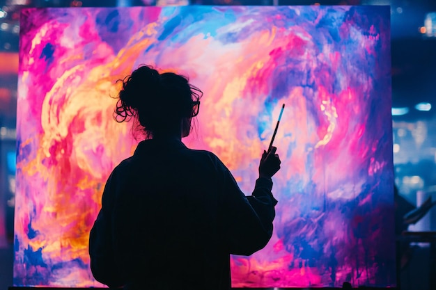 Photo dynamic neon brush strokes flow from the silhouette of a person painting on an invisible canvas