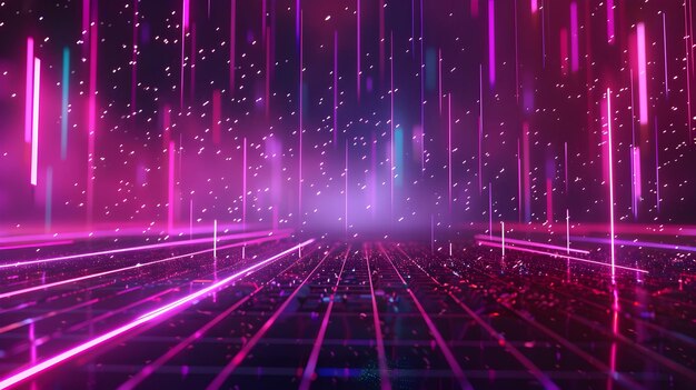 Dynamic Neon Grid Landscape with Cascading Digital Rain in Aesthetics