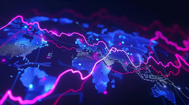 Dynamic neon lines and graphs illustrating world stock trends electric feel