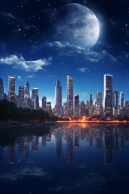 A Dynamic NightTime Symphony of City Lights Mirrored in Serene Water under a StarStudded Sky