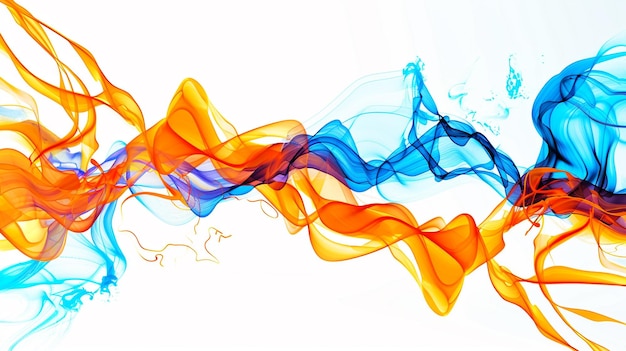 Dynamic orange neon lightning streaks amidst vibrant blue wave patterns isolated on a solid white background