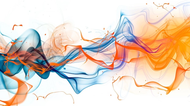 Dynamic orange neon lightning streaks amidst vibrant blue wave patterns isolated on a solid white background