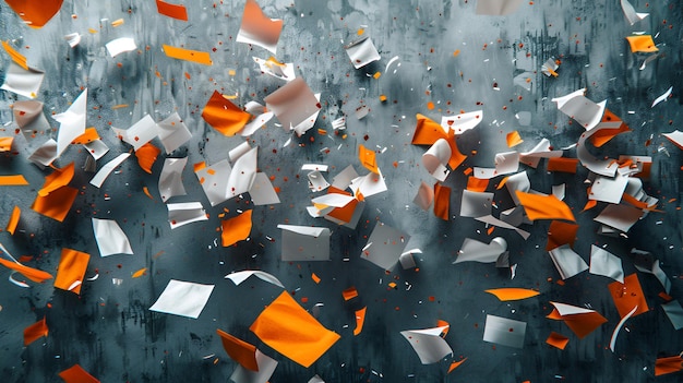 Photo dynamic overhead photo of falling white and orange papers against grey wall capturing chaos