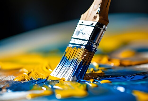 Photo a dynamic painting process focusing on applying white paint to a colorful canvas