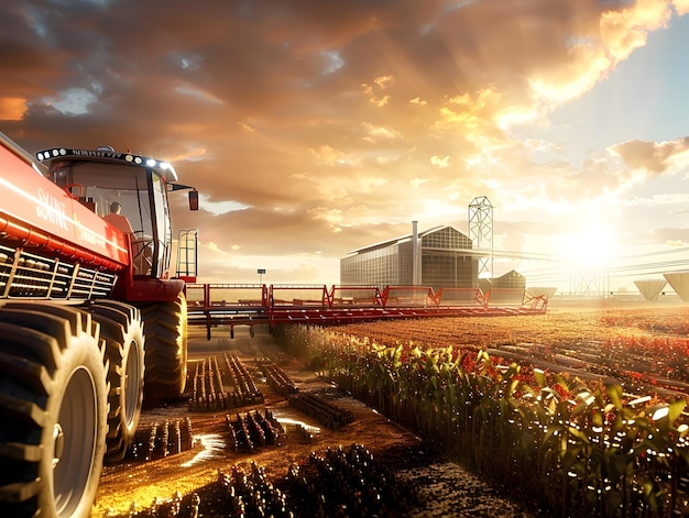 Photo a dynamic panoramic view of a modern technology enabled farm embracing cutting edge tools and machinery for worker safety and environmental