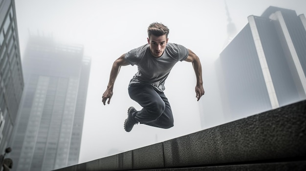 Dynamic parkour action captured in midair