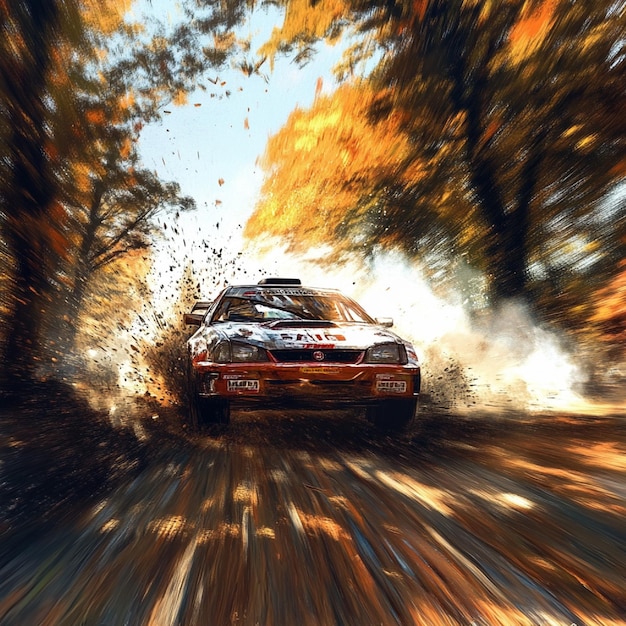 Dynamic perspective of a rally car drifting around a corner