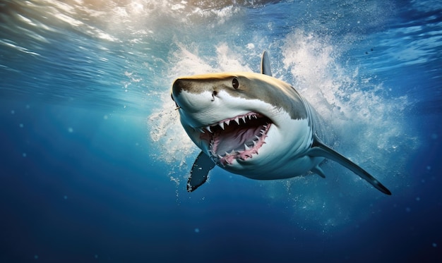 A dynamic photograph showcasing the athleticism of a shark as it jumps into the water leaving behind a trail of bubbles and anticipation