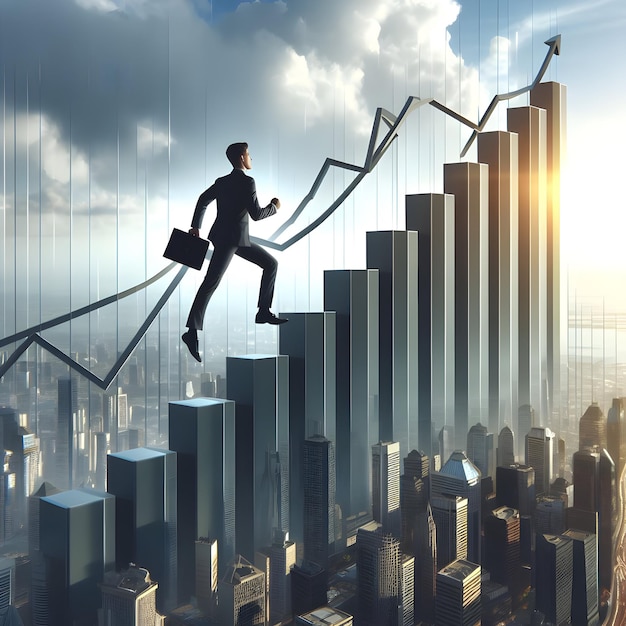 Dynamic photorealistic scene of business people ascending 3D bar graphs symbolizing success and am