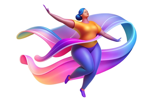 Photo dynamic plus size model dancing in glowing abstract digital art banner ideal for dance and body po