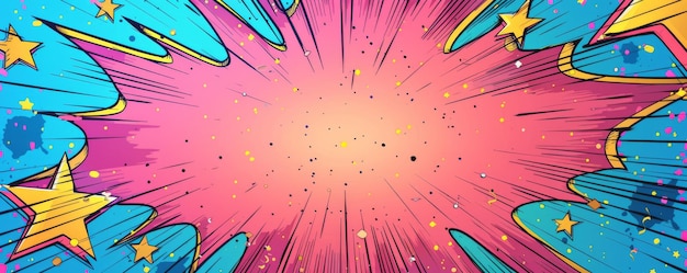 Photo dynamic pop art comic book style explosion with colorful stars and cloud background