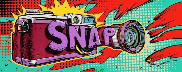 Dynamic pop art design featuring a retro camera with bold colors and creative text