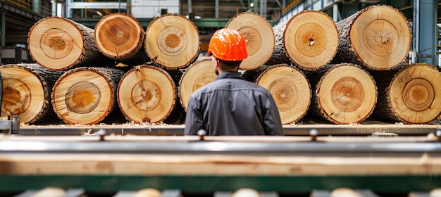 Dynamic poster showcasing sawmill worker in action amidst timber industry setting