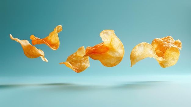 Photo dynamic potato chips suspended in air against a vivid blue backdrop capturing snack time bliss