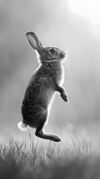 Photo dynamic rabbit leap in high contrast monochrome wildlife scene