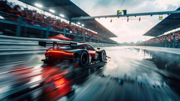 Photo dynamic racing car on a rainy track generative ai