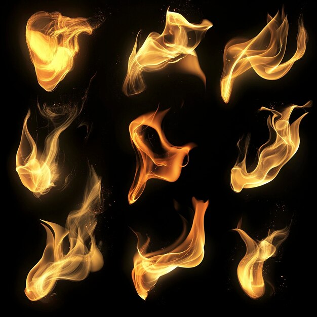 Photo dynamic realistic flames collection on dark background