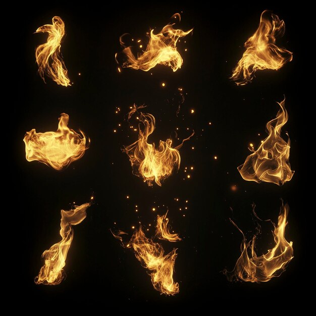 Photo dynamic realistic flames collection on dark background