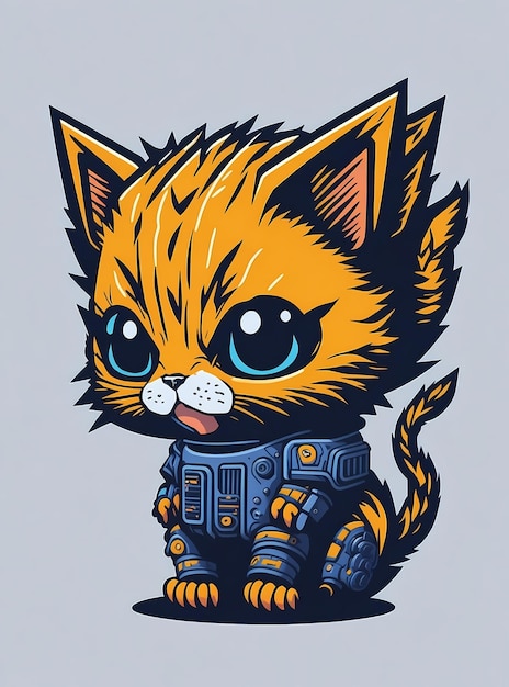 Dynamic Robotic Kitten HighDetail StickerStyle TShirt Artwork in Kawaii Design