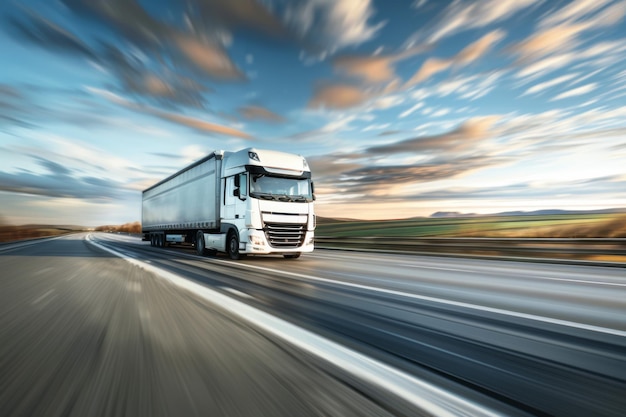 A dynamic rolling shot of a fully loaded cargo lorry speeding down a highway with a blurred landscap