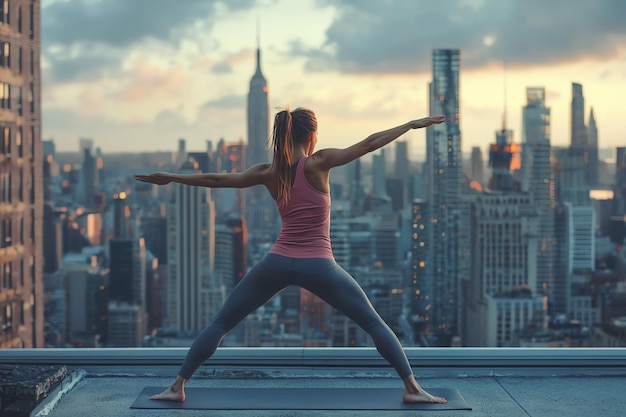 Photo dynamic rooftop stretching highlights urban fitness and focus