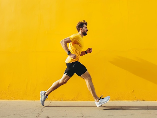 Dynamic Runner Against Yellow Wall