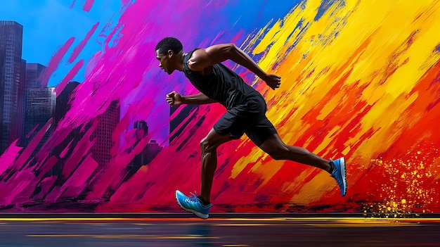 Dynamic Runner in Urban Setting with Colorful Background