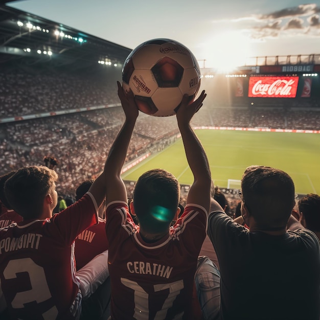 A dynamic scene in a football stadium at dusk smoke and crowd