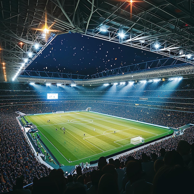 A dynamic scene in a football stadium at dusk smoke and crowd