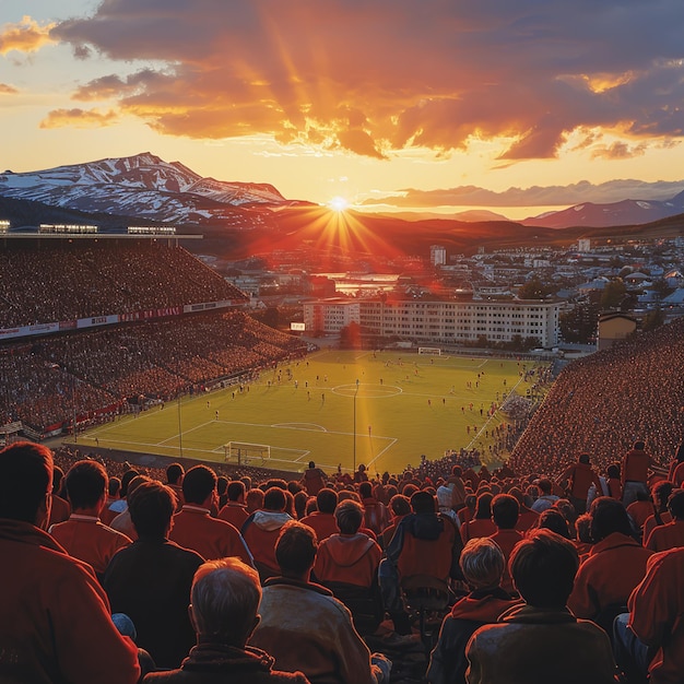 A dynamic scene in a football stadium at dusk smoke and crowd