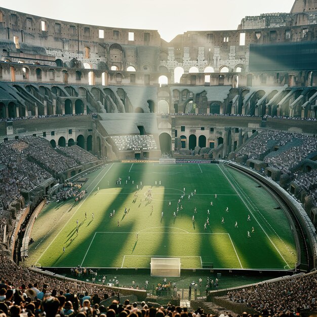 A dynamic scene in a football stadium at dusk smoke and crowd