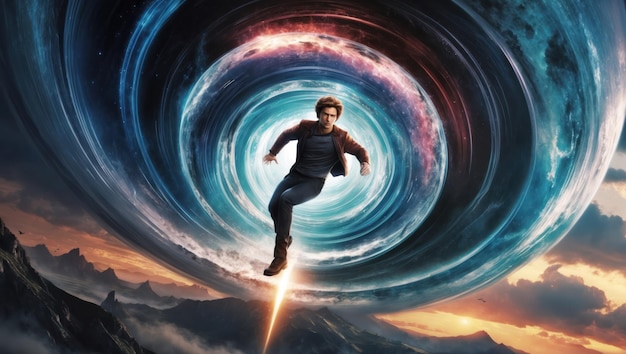 A dynamic scene of a hero running through a swirling cosmic portal