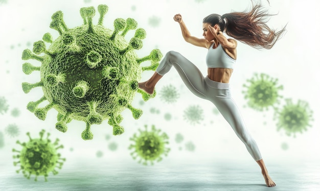 Photo a dynamic scene of a woman kicking a large virus symbolizing strength against illness