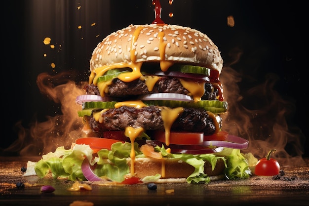 A dynamic shot of a burger being assembled with layers of lettuce tomato cheese and a juicy patty Ge