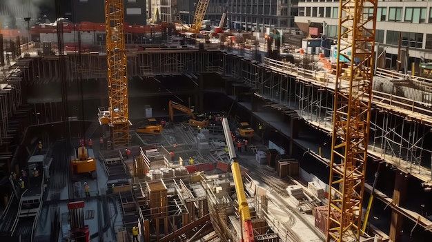 Photo a dynamic shot of a construction site with multiple cranes and workers in various stages of building