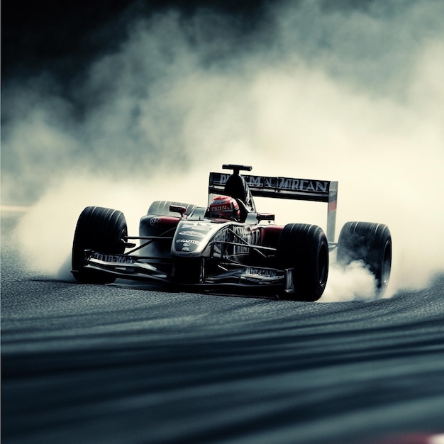 A dynamic shot of a Formula 1 car negotiating a sharp turn with tire smoke