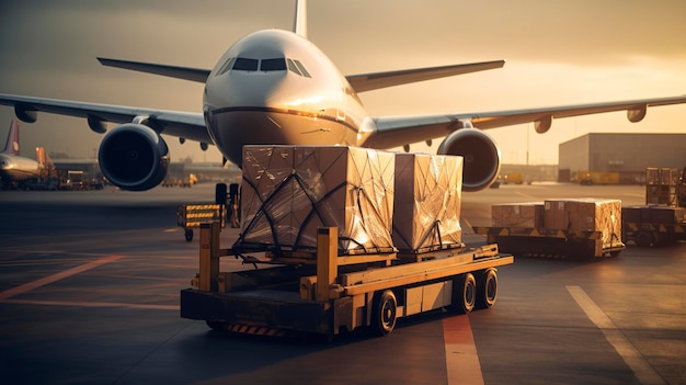 A dynamic shot of a freight plane being loaded with cargo