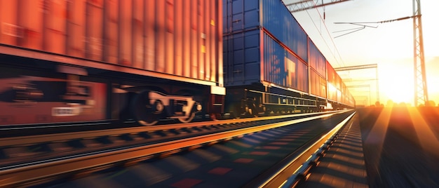 Photo a dynamic shot of freight trains moving at high speed on parallel tracks at sunset emphasizing motion and industrial strength